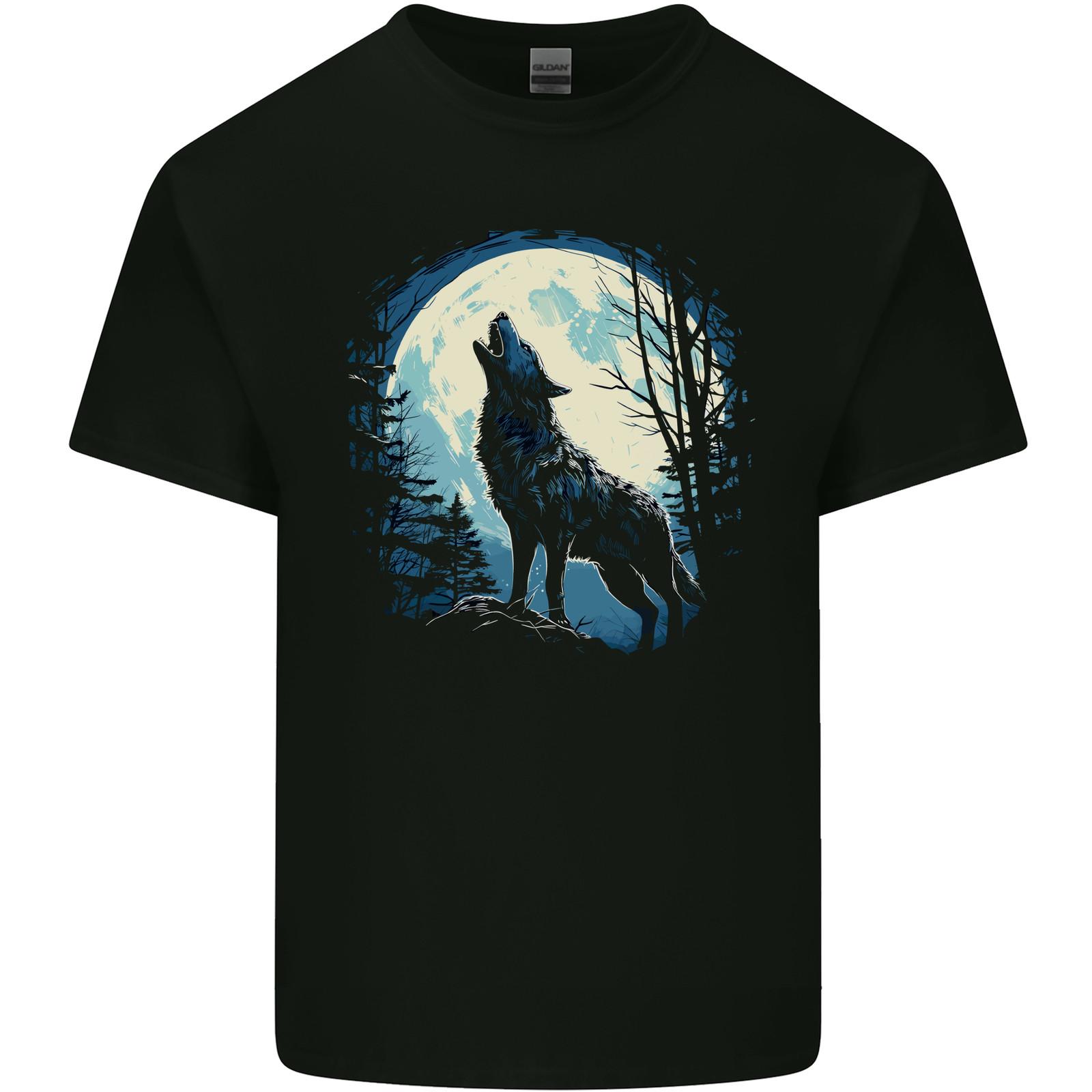 Moonlit Howling Wolf Fantasy Mens Light Cotton T-Shirt Mens Womens Tees Top L