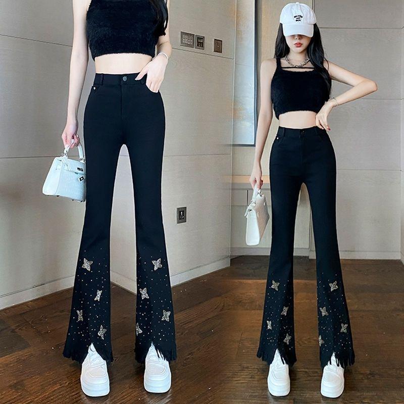 Star Hot Diamond Bead Imitation Denim Black Leggings Women Spring Summer New High-waisted Slim Tassel Micro-flare Trousers