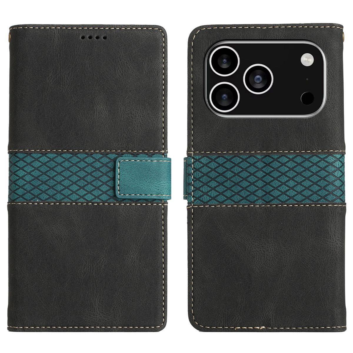 For iPhone 17 Pro Case Grid Splicing Stand Wallet Leather Phone Cover C