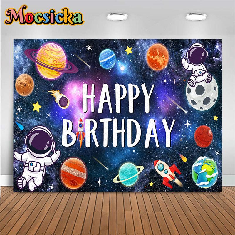 Mocsicka Outer Space Happy Birthday Backdrops Astronaut Planet Rocket Photography Backgrounds Boys Party Cake Table Photo Banner