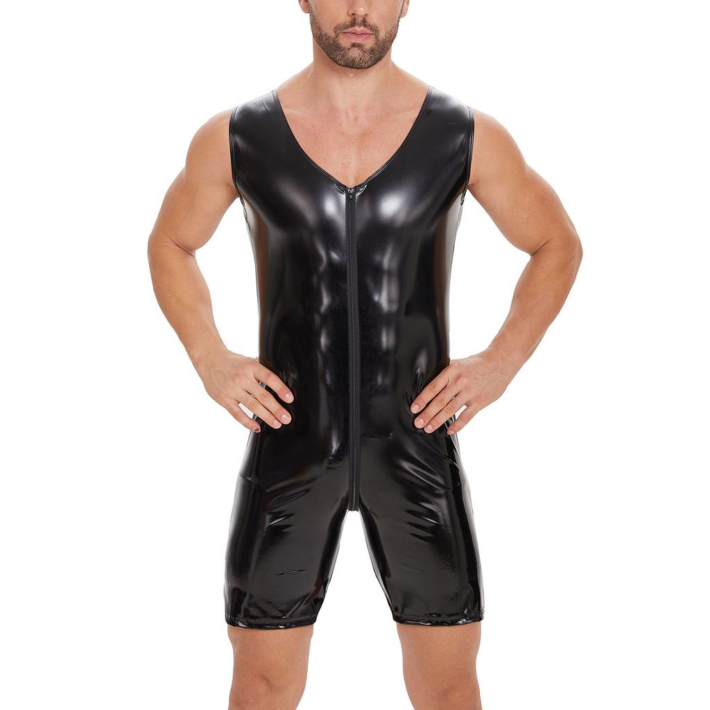 Men Sleeveless Patent Leather Jumpsuits Wet Look Zipper Crotch Glossy Bodysuit Lingerie Club Pole Dancing Costume Black Clubwear