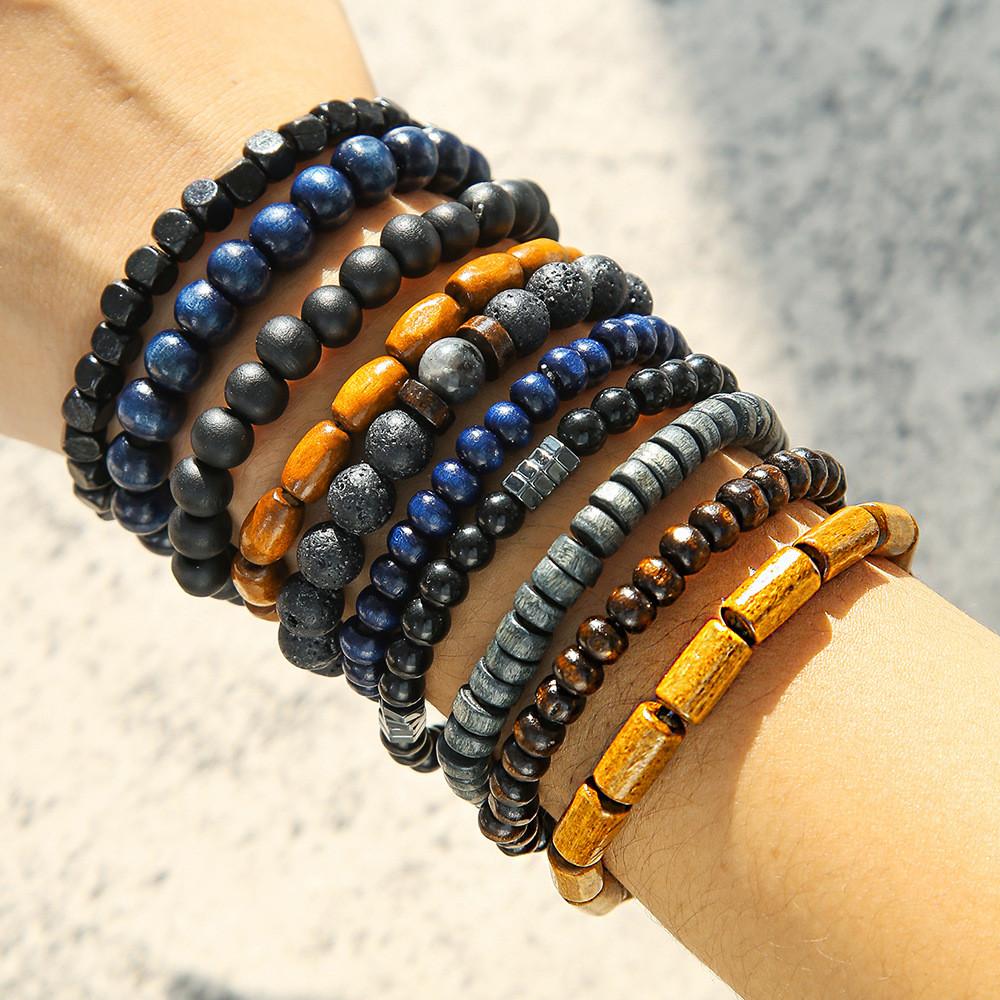Vintage Wooden Bead Lava Stone Mens Bracelets With Elastic Band For Travel Gift