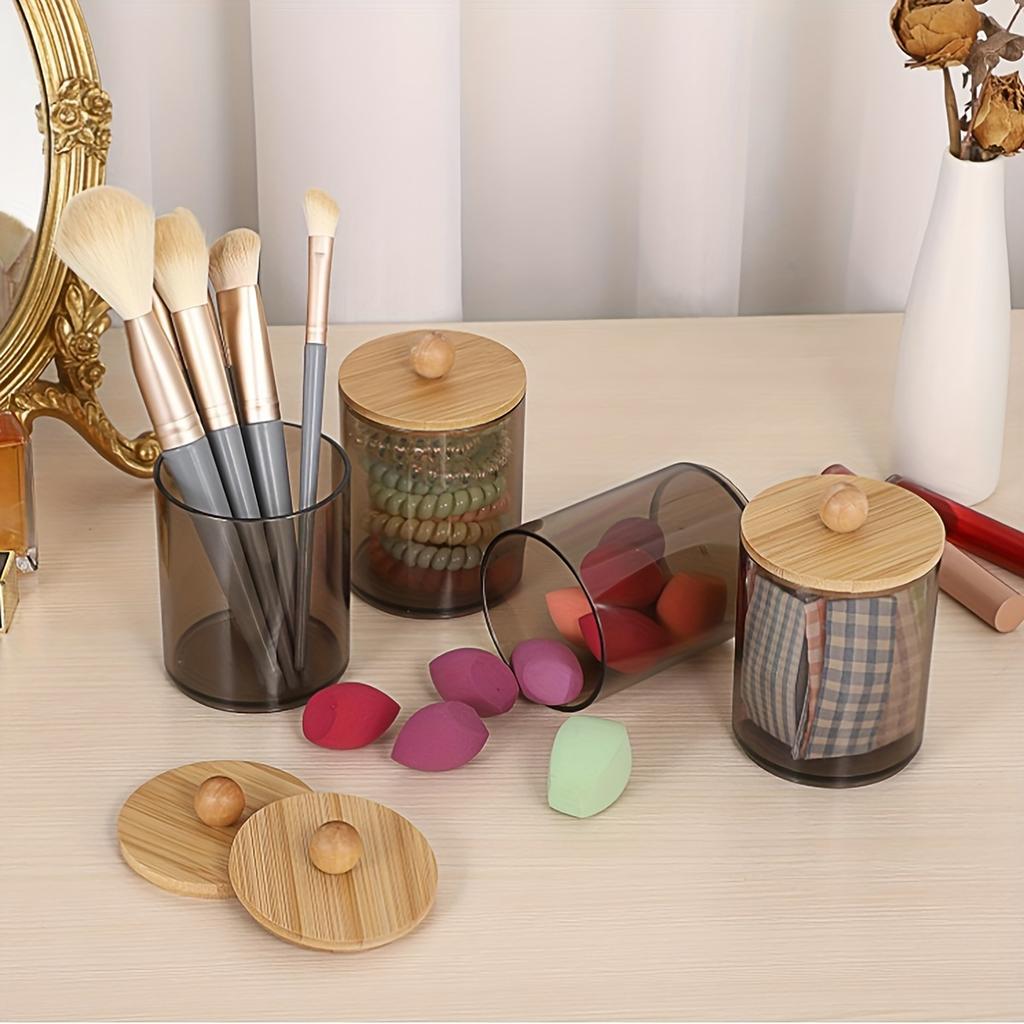 4 Packs Holder Dispenser With Bamboo Lid - 10-Ounce Bathroom Storage Containers for Cotton Balls Cotton Swab Bath Salts Vanity C