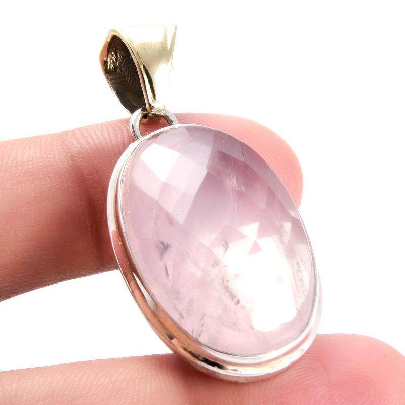 Natural Rose Quartz Gemstone 925 Sterling Silver Two Tone Pendant 1.7'' C0E88