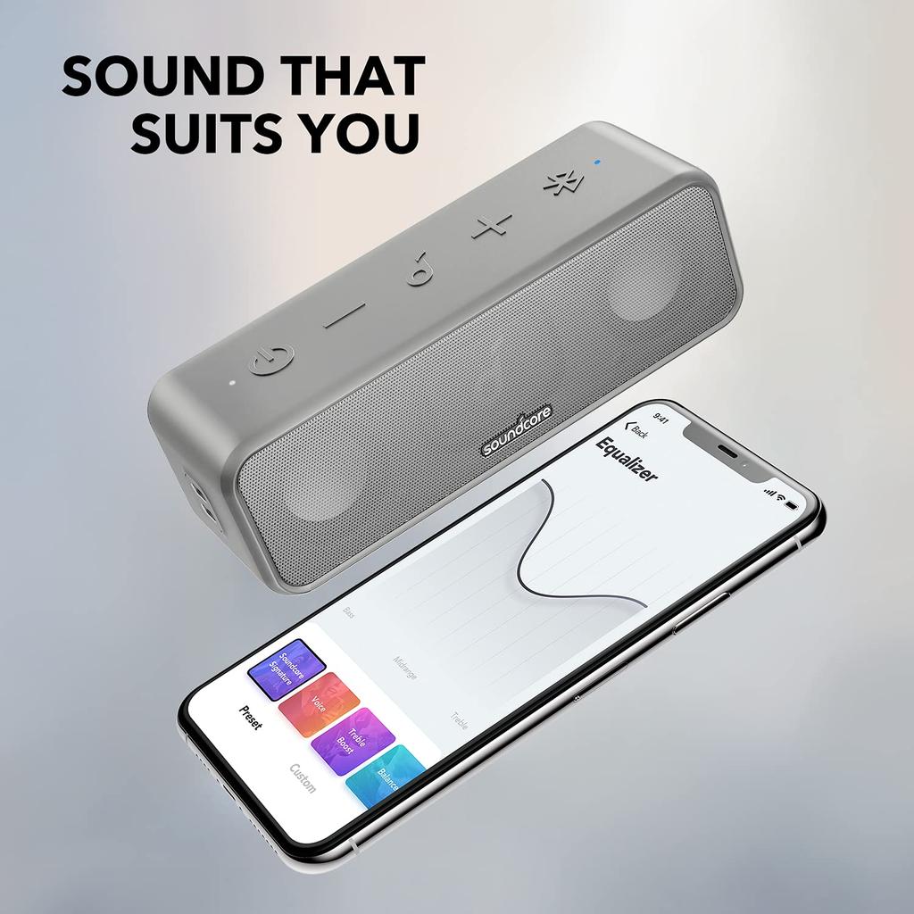 Anker Soundcore 3 Bluetooth IPX7 Titanium Dual Passive BassUp App Equalizer Continuous PartyCast Bath Perfect Gray Speaker, Waterproof, Drivers,