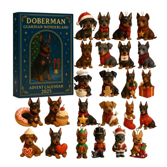 Doberman Guardian Wonderland Advent Calendar 2025 24-Day Countdown Box Acrylic Mini Dog Themed Ornaments Holiday Decoration Gift for Dog Lovers