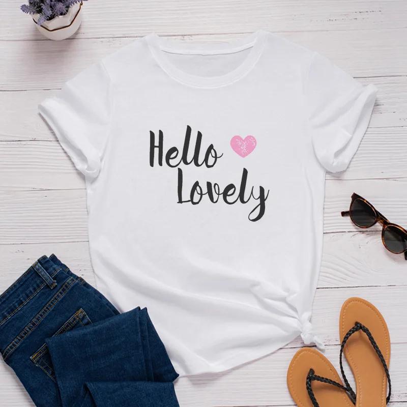 Hello Lovely Heart Print Women T Shirt Short Sleeve O Neck Loose Women Tshirt Ladies Tee Shirt Tops Clothes Camisetas Mujer