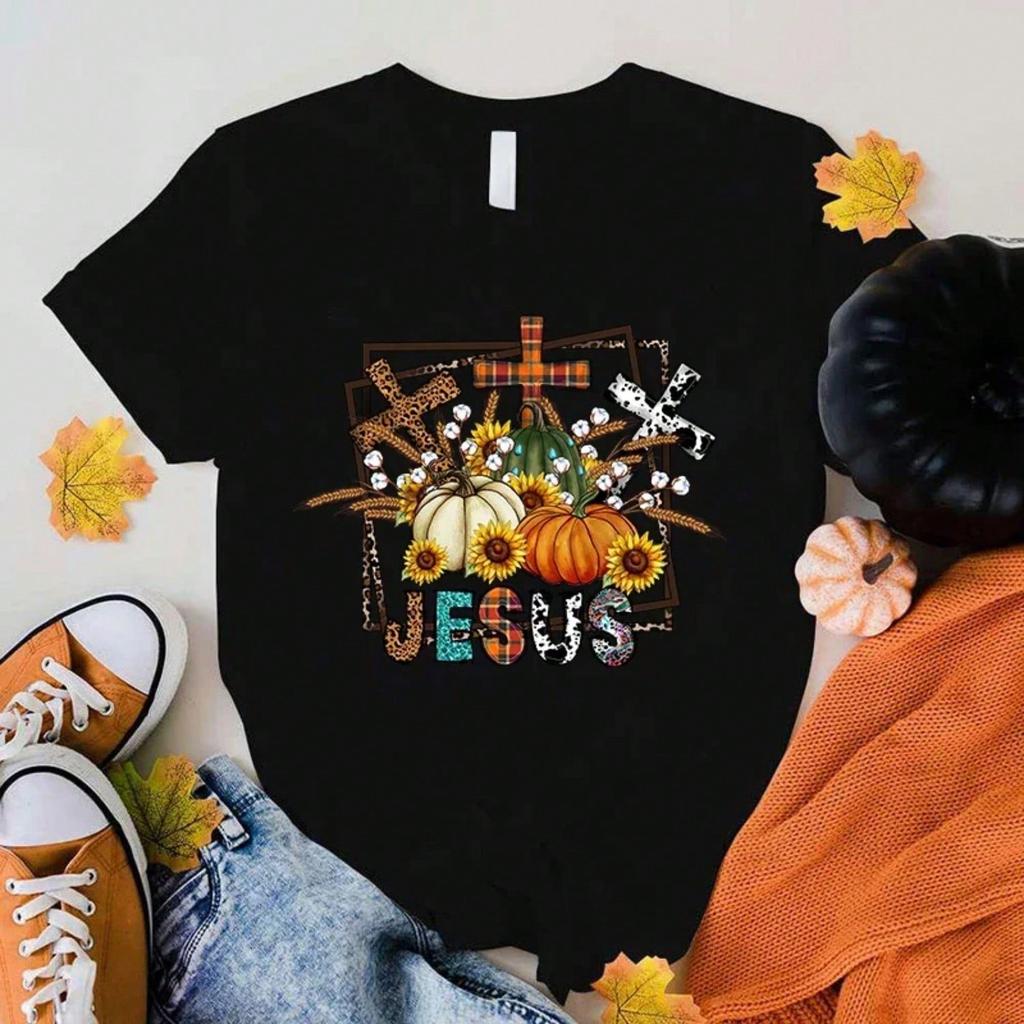 (Premium T-Shirt)Fall Pumpkin Jesus Printing T Shirt Wounisex T-Shirt Harajuku T-Shirt Fashion Summer Tops(Fast Delivery)