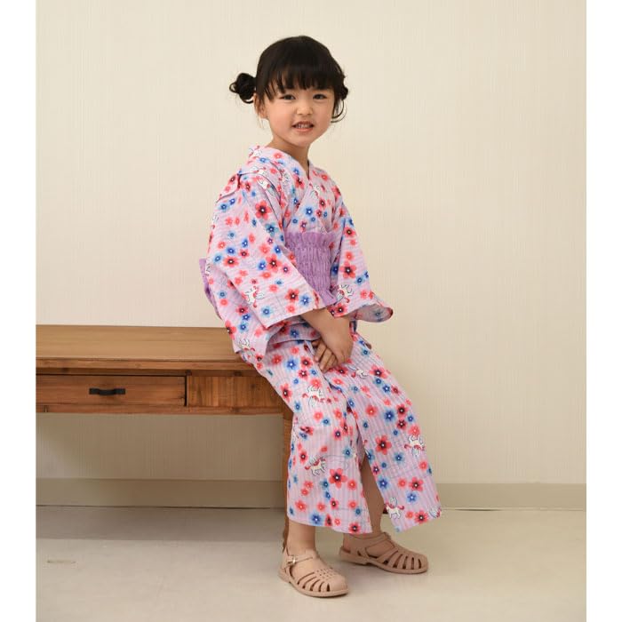 Yukata Easy To Wear One Piece Large Flower Yukata Set Children Girls Kids Jinbei Obi Set 100 110 120 130 140 Summer Festivals Fireworks Festivals