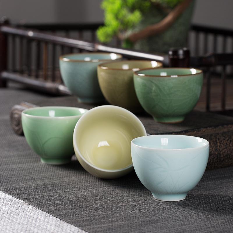 Empty Mountain Celadon Crackle Ice Tea Cup: Small Orchid Design in Six Colors