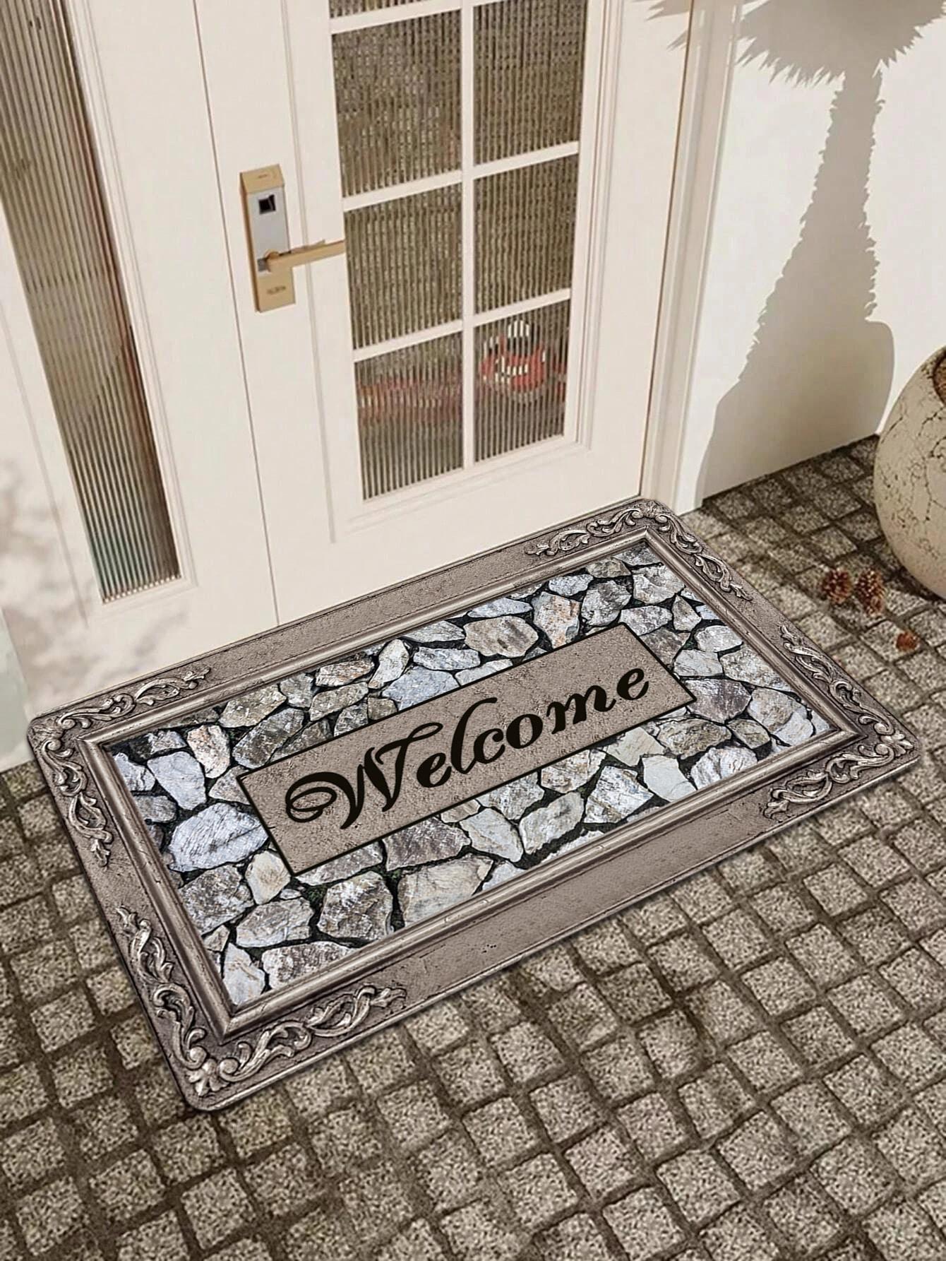 

1pc Wood Grain & Stone Letter Patterned Door Mat Velvet Rectangle Rug For Entrance Living Room Kitchen Bathroom Bedside Carpet 30x50cm