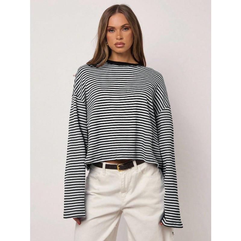 Womens Striped Knit Long Sleeve Loose T Shirt