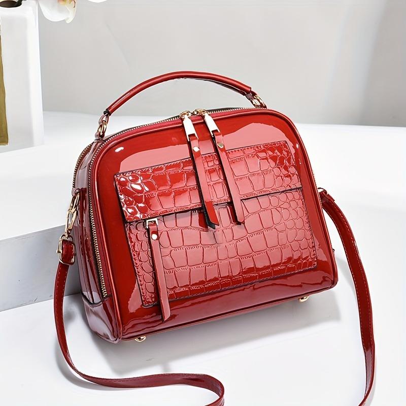 

Crocodile pattern glossy handbag women s shoulder messenger bag червоний