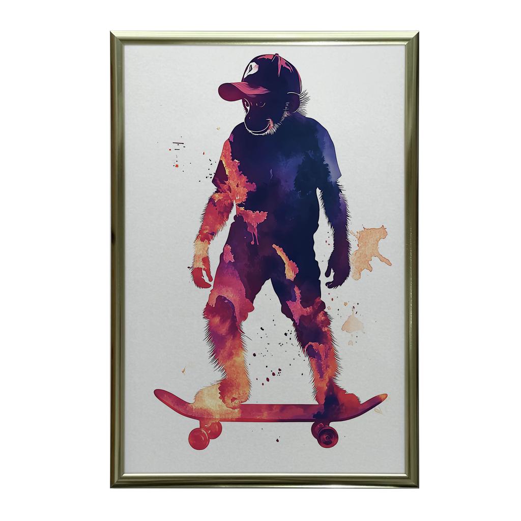 Poster Monkey On a Skateboard Poster Monkey On a Skateboard, 50X70 Cm, Dark Brown Wooden Frame, 230 Gsm Matte Paper