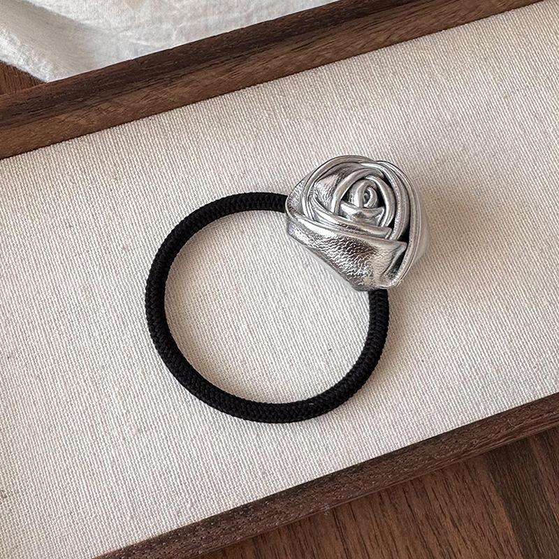 Korean Silver Color Rose Flower High Elastic Rubber Band Large Round Bead Hair Rope for Women Tie Hair Accessory Jewelry Gifts