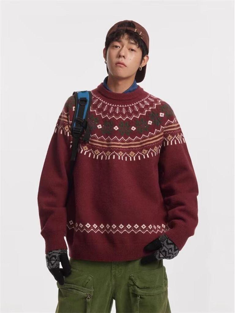 Men's Fair Isle Round Neck Sweater: Autumn/Winter Retro Knit Pullover