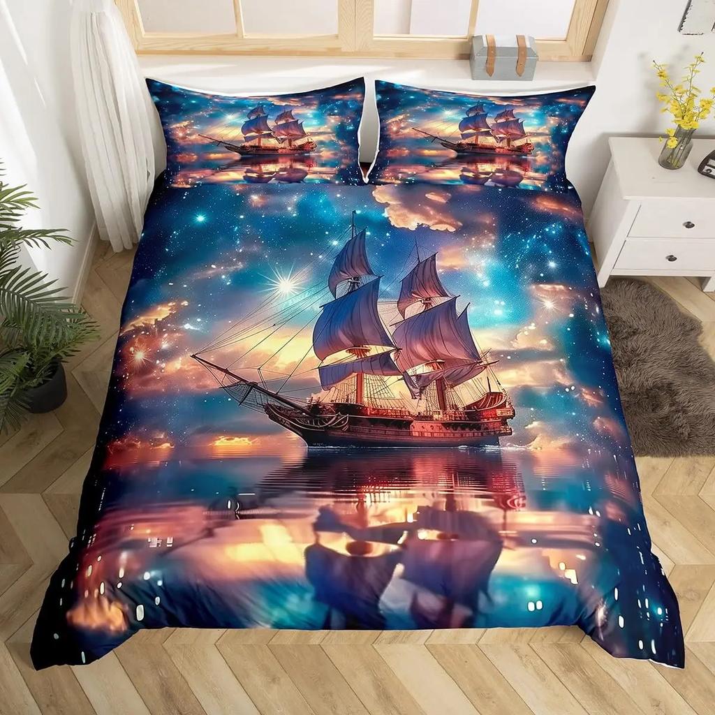 Sailboat Bedding Set Sailing Ship Comforter Cover Ocean Wave Nautical Duvet Cover For Kids Boys Girls Cartoon Ship