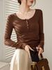 T Shirt Women Long Sleeve Slim Fit Pure Cotton Ribbed Fabric For Autumn Winter Style