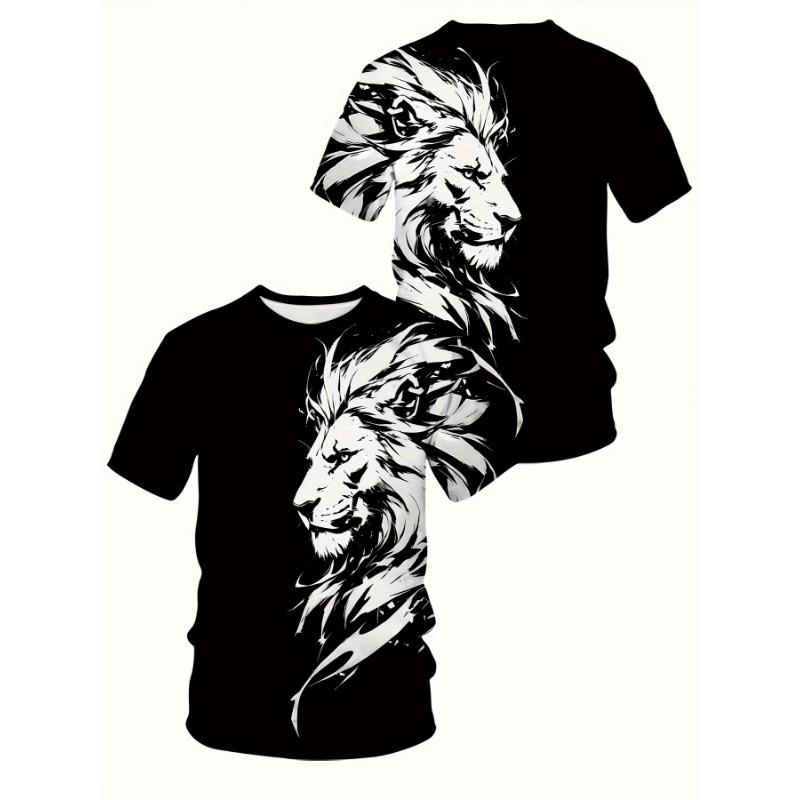 White Lion Sketch Printed T-Shirt for Men Cool Wild Animal King Graphic Short Sleeve Tees Trendy Casual Round Neck Ink Style Hip Hop Streetwear Tops