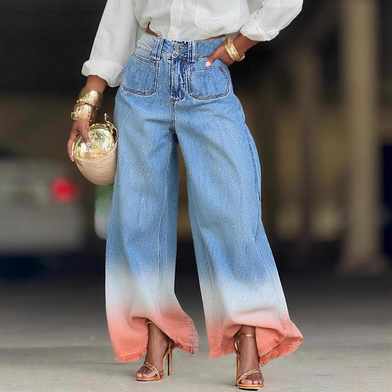 

Fashion Street Style Gradient Color Jeans For Women High Waist Straight Wide-leg Denim Pants Female S синий