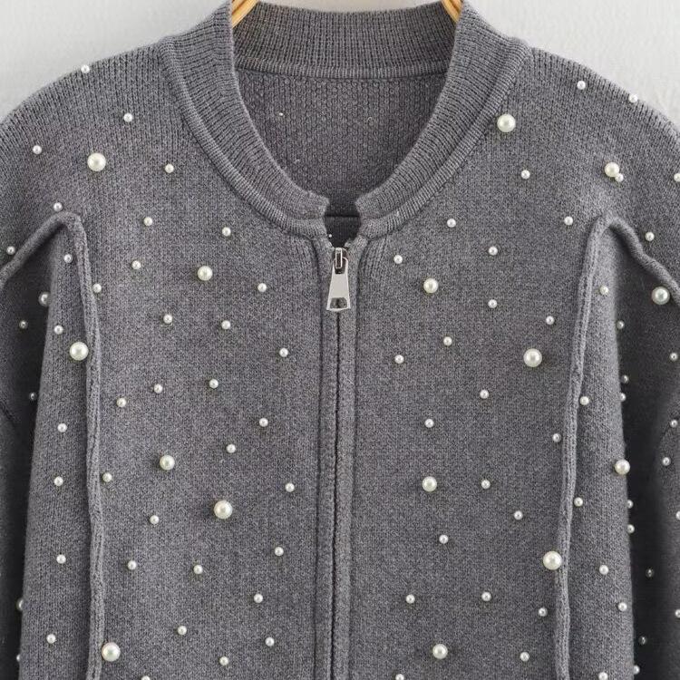 European and American style, new women's clothing, fashionable, casual, pearl knitted flight jacket