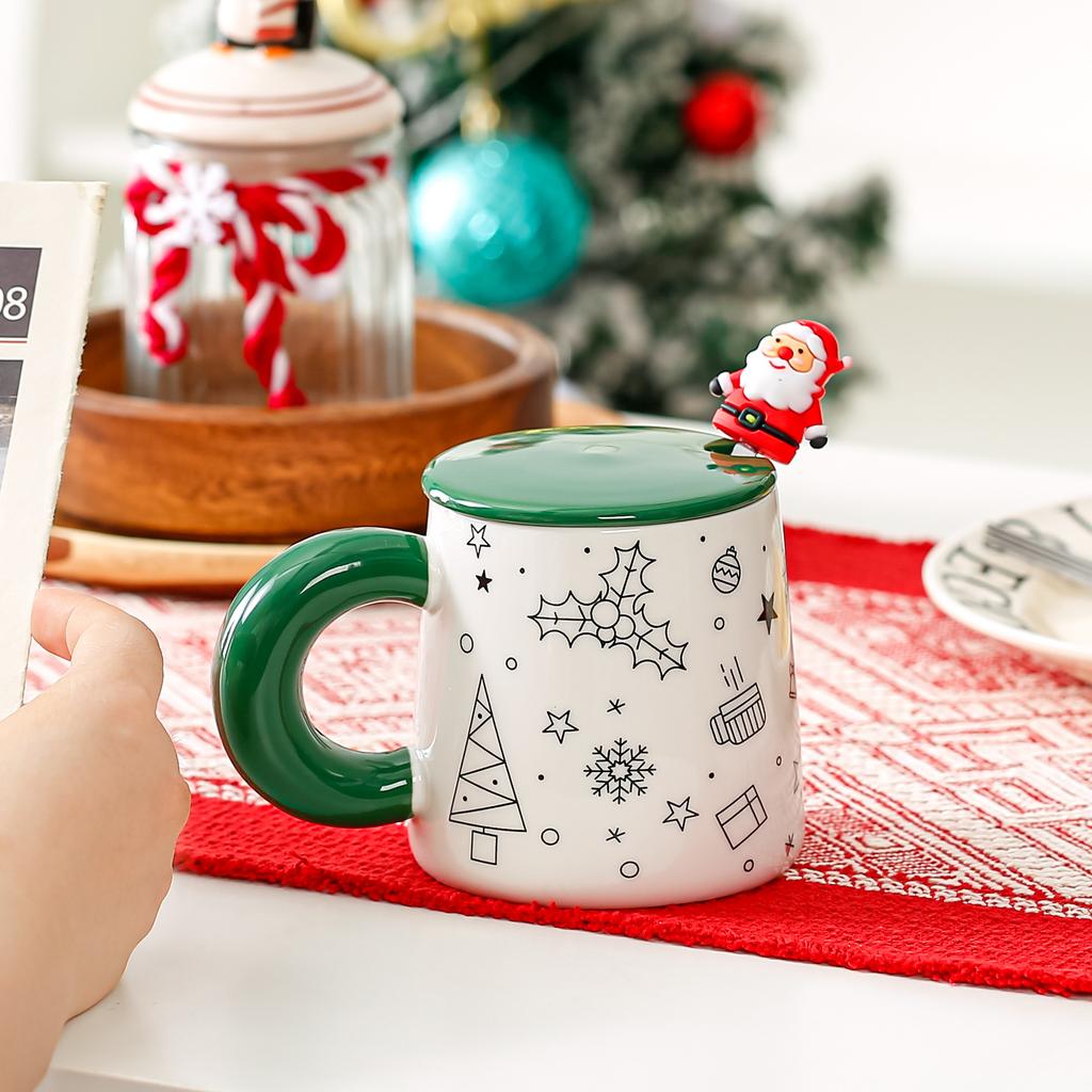 Christmas creative contrasting color cartoon ceramic cup Santa mug student gift water cup with lid spoon cup