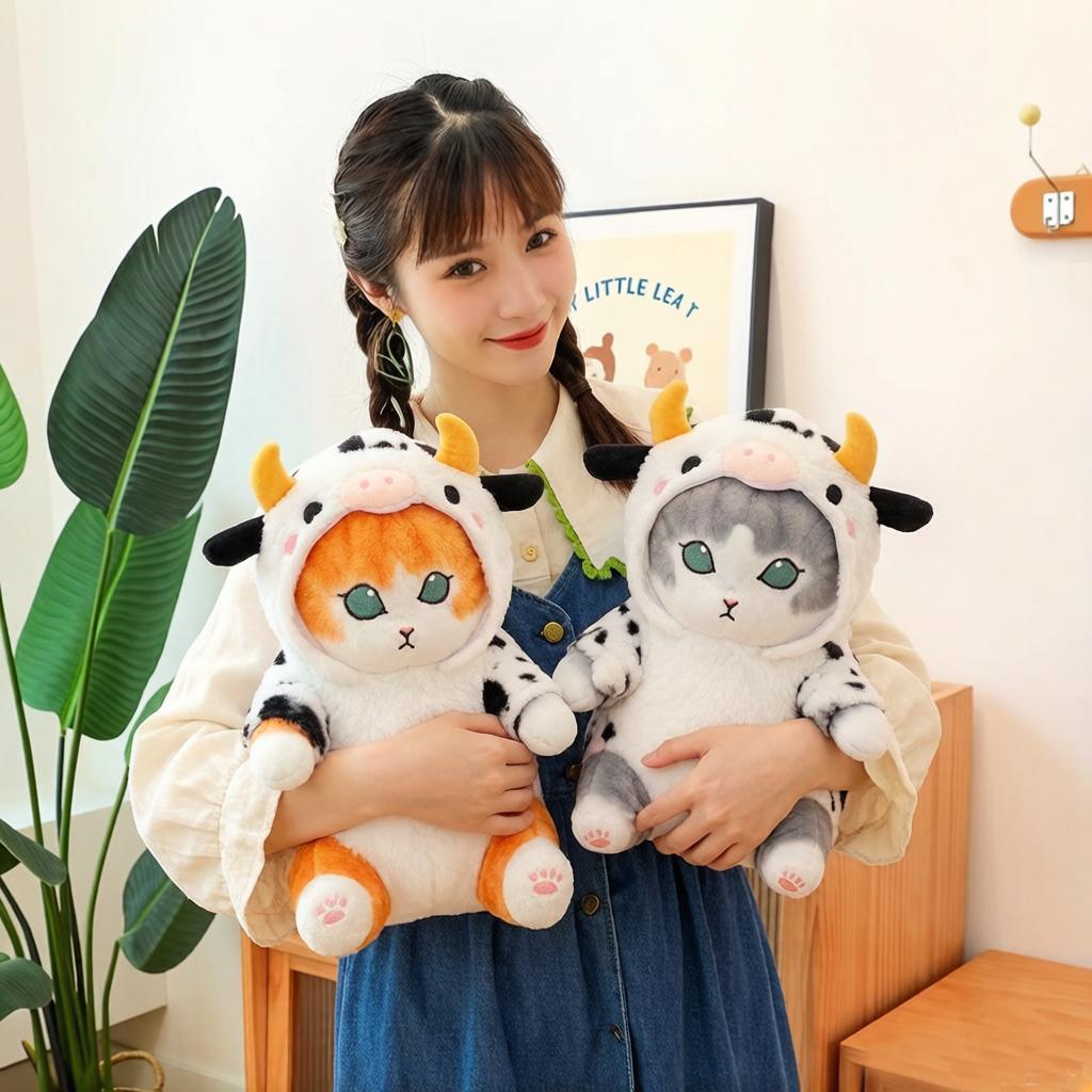 20cm Cow Sitting Cat Plush Toy Stuffed Soft Grey Brown Kitten Cartoon Animal Cosplay Cow Plushie Sweet Adorable Doll Gift