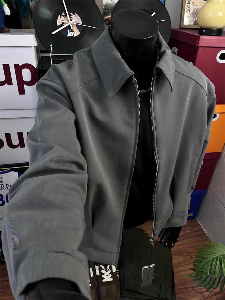 American Retro Gray Padded Shoulder Men's Boxy Baseball Jacket - Autumn Executive Style