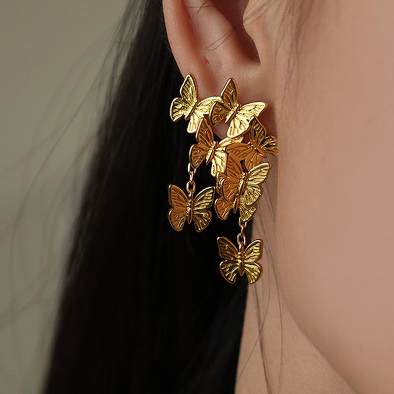 Light Luxury Exaggerated Group Of Butterflies Flying Golden Stud Earrings Female Niche Unique Personality Fashion Versatile Earrings