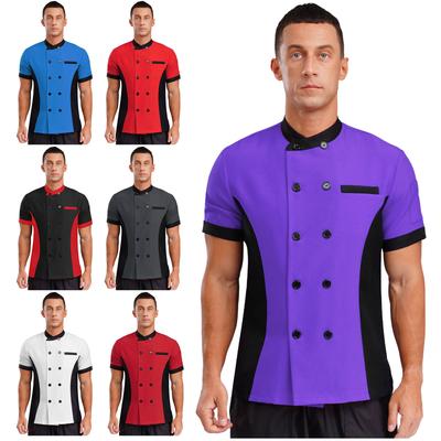 Unissex Uniforme de Trabalho de Cozinha Top Manga Curta Bloco de Cores Jaqueta de Chef Casaco de Cozinheiro