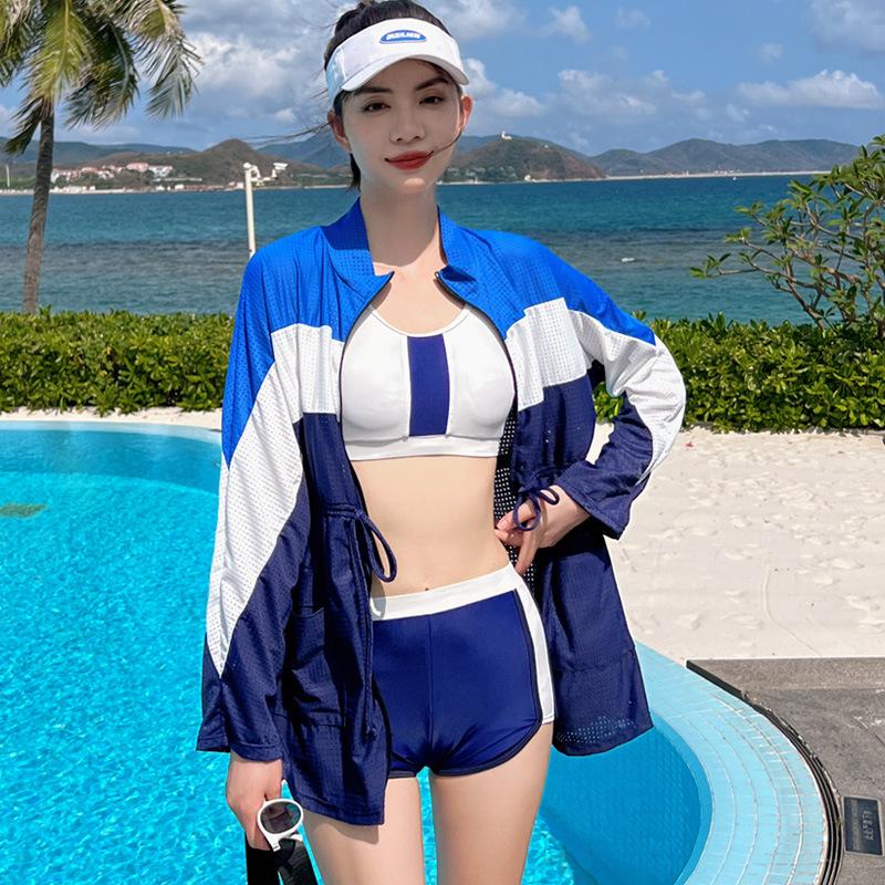 

Женский купальник-тройка 2023: Бандо, Свободная накидка, Защита от солнца M синий