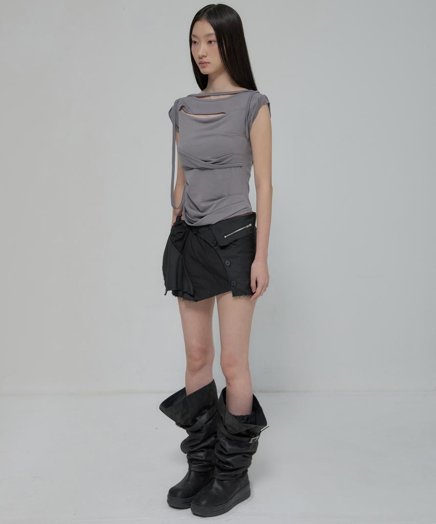 Peulleeoeob Asymmetrical Layered Mini Skirt (Fl-267_Black)