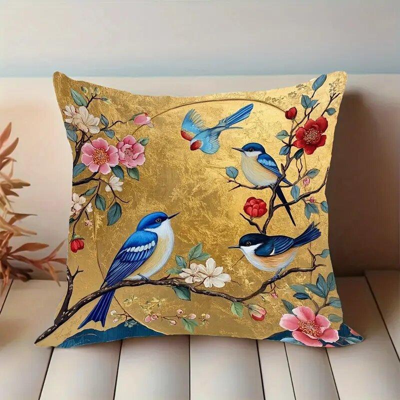 Luxury Gold Floral And Bird Print Pillowcase Hidden Zipper Closure Decorative Throw Pillow Cover Accent Cushion Case