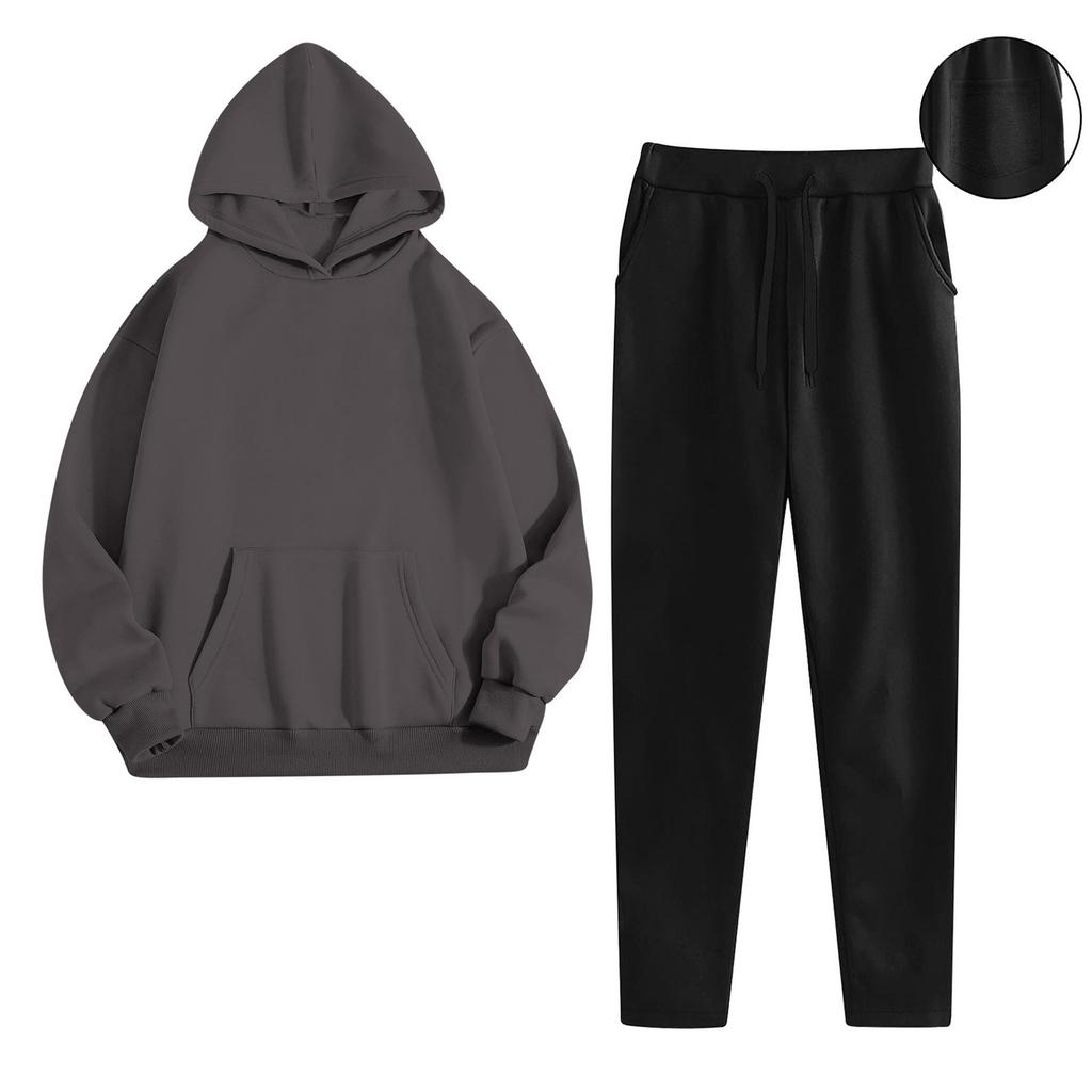 Women's Fashionable Relaxed-Fit Hooded Sweatshirt With Pockets And Fleece-Lined Trousers Set