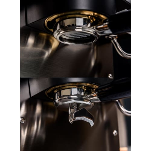 La Mellow Hybrid Portafilter 58mm for E61 Group Head Espresso Machines, Bottomless with Double Spout, Removable Blind Filter Basket Included