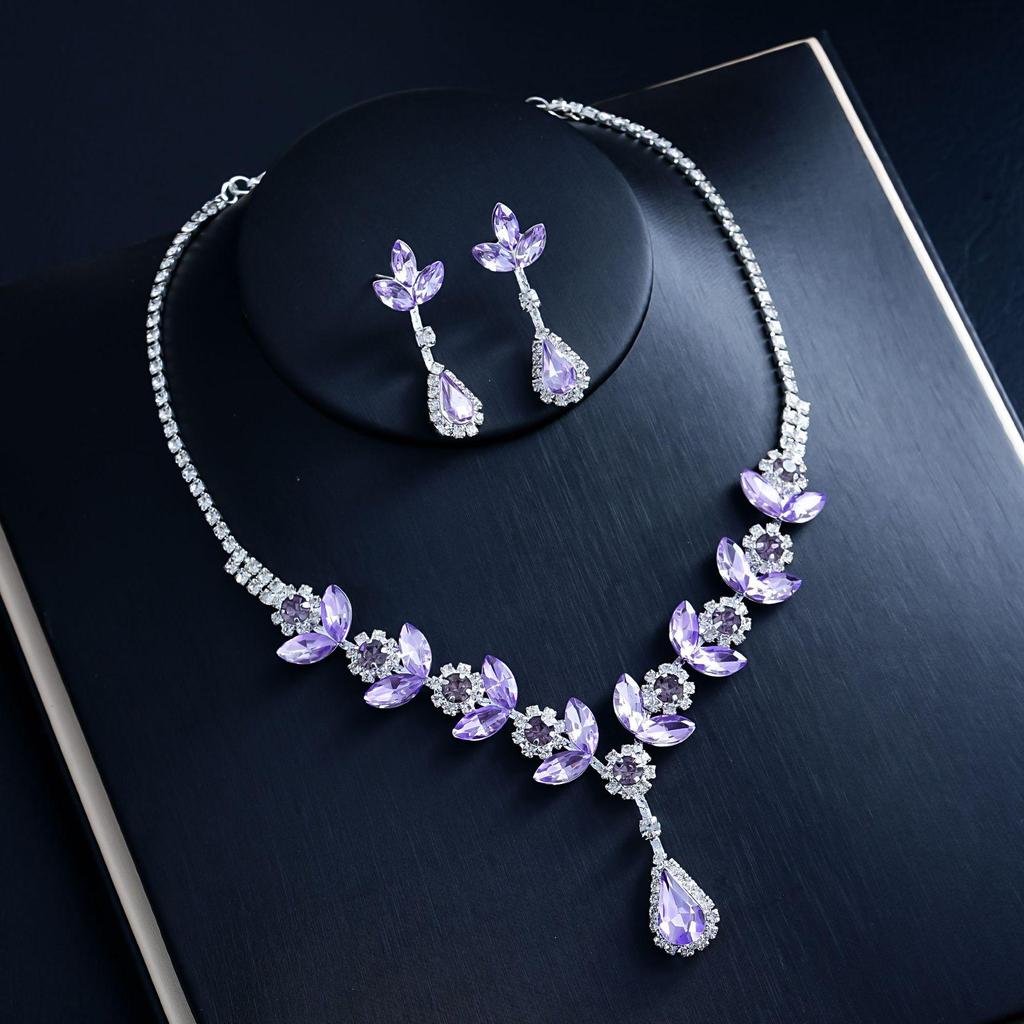 European & American Fashion Purple Crystal Bridal Necklace and Earring Set