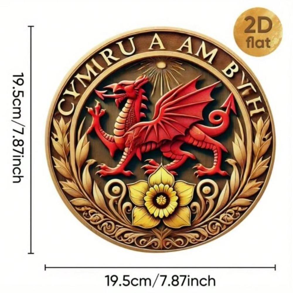 Vintage Aluminium Welshe Draak Wanddecoratie Traditionele Metaalkunst Rond Bord