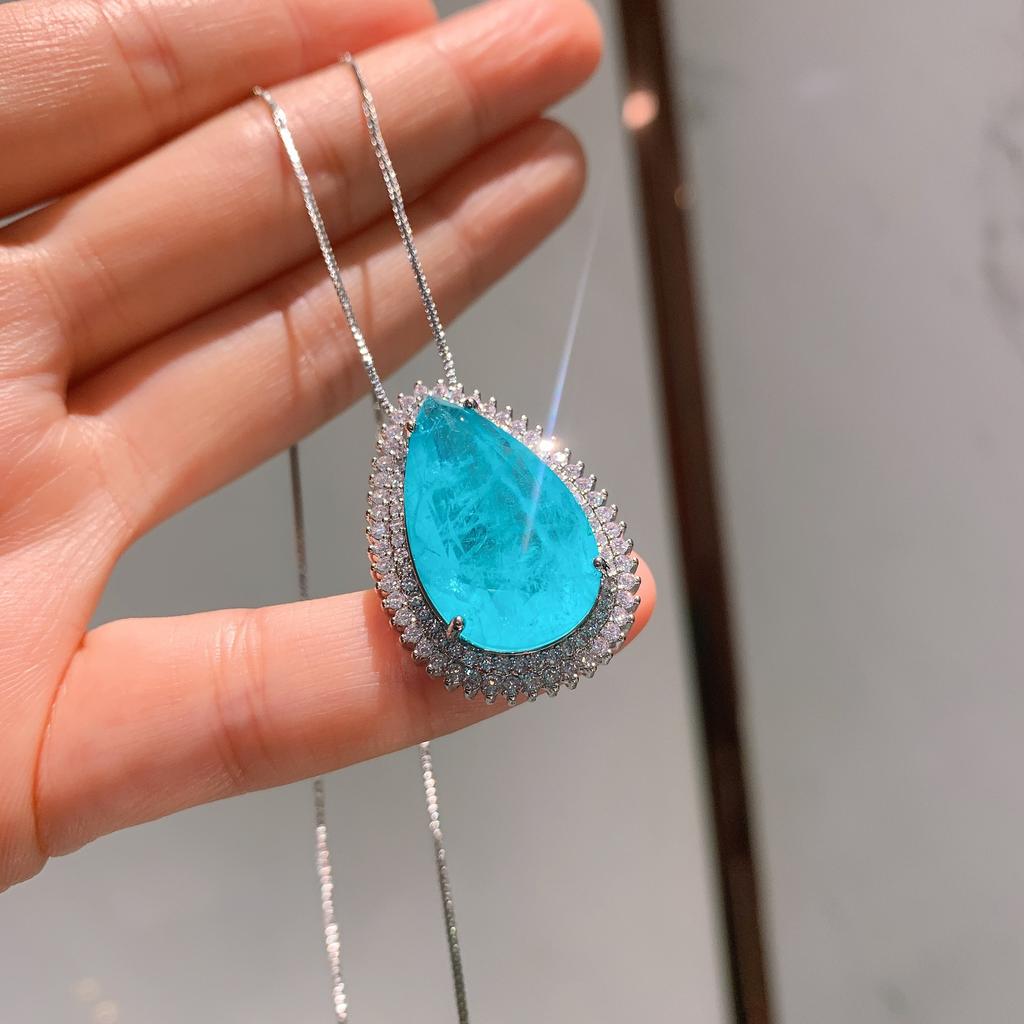 Schmuck Himmelblau Simulation Paraiba, Großes Wassertropfen Schmuckset Ohrstecker 8 * 16 Anhänger 15 * 25