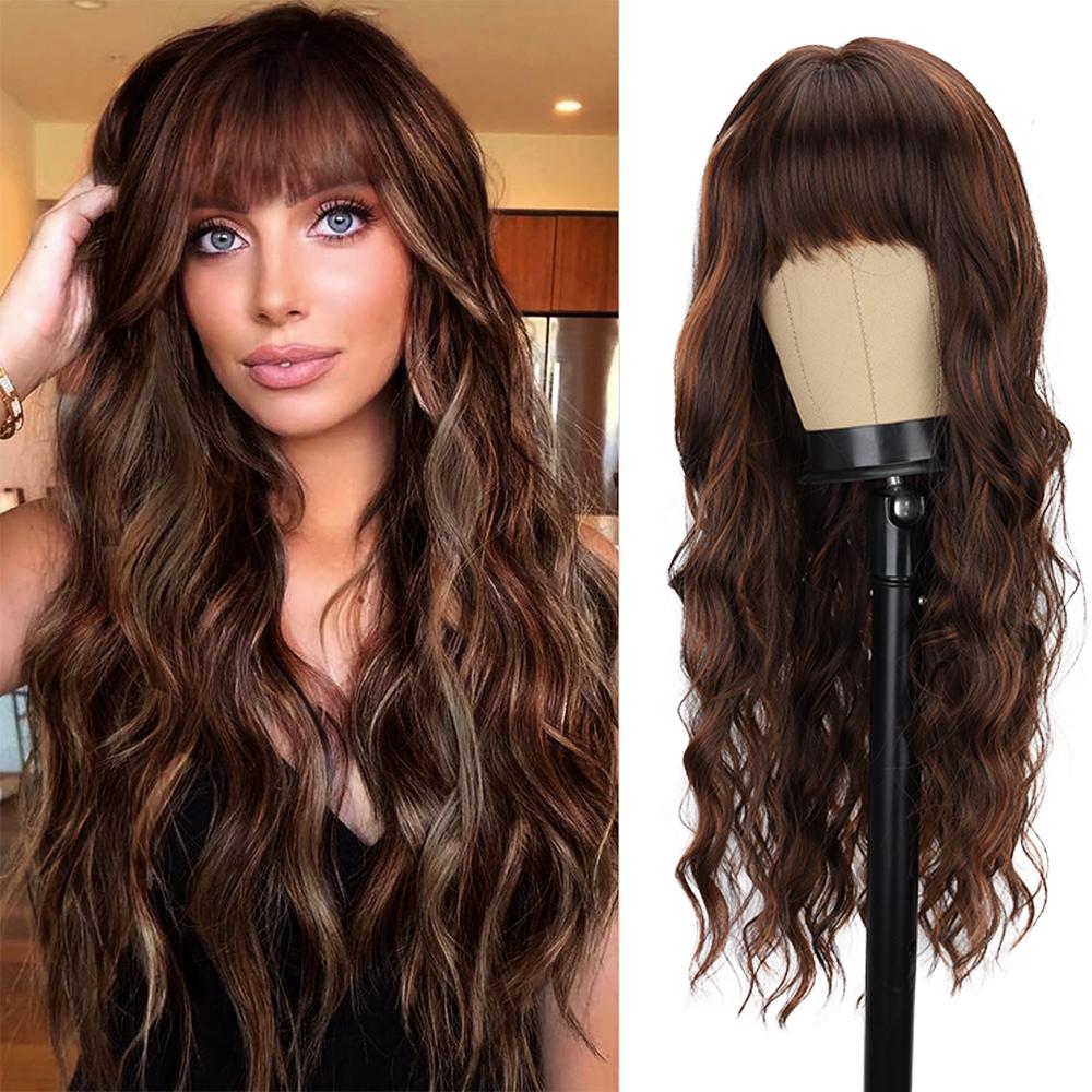 Long Auburn Wigs with Bangs Long Wavy Wigs for Women 26 Inch Copper Red Middle Part Copper Wavy Wig Natural Looking Synthetic Auburn Long Wig