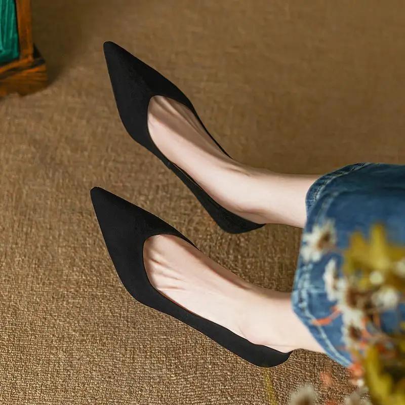 Fashion French Leopard-print Single Shoes Female Pointy Temperament Kitten with 2025 New Suede Mid-heel Pumps