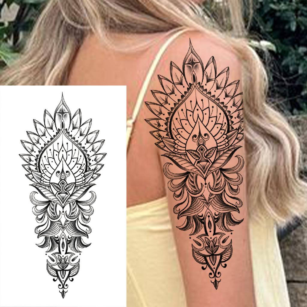 1 Sheet Black Henna Mandala Fake Jewels Temporary Sleeve Tattoos For Women Girls Forearm Waist Chest Back Tattoo Sticker Decal