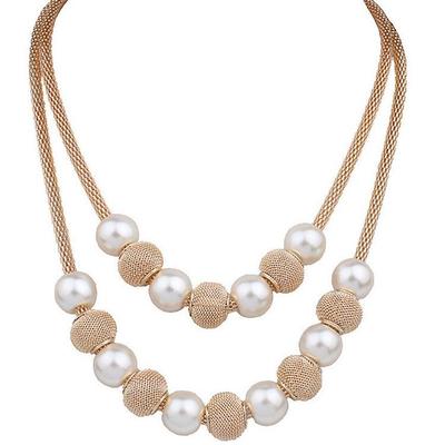 Double Layer Pearl and Round Ball Necklace - European and American Fashion Style