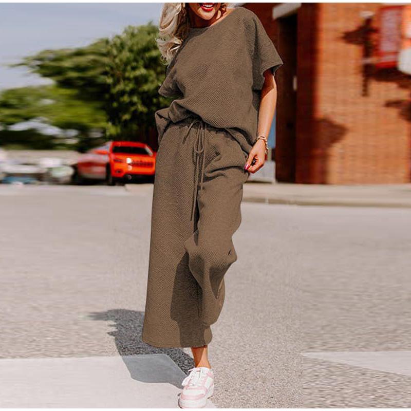 Sets for Women Summer Lounge Sets O-Neck Tops Wide Leg Crop Pants Vacation Travel Outfits