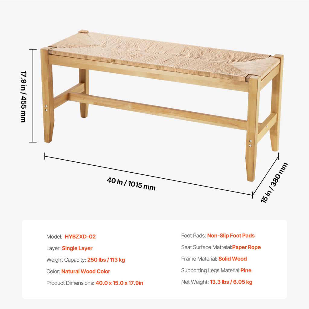 VEVOR Wooden Rattan Bench Entrywway Bench W/ Oak Wood Legs Bedroom End of Bed Boho Bench with Hand Woven Rattan for Living Room