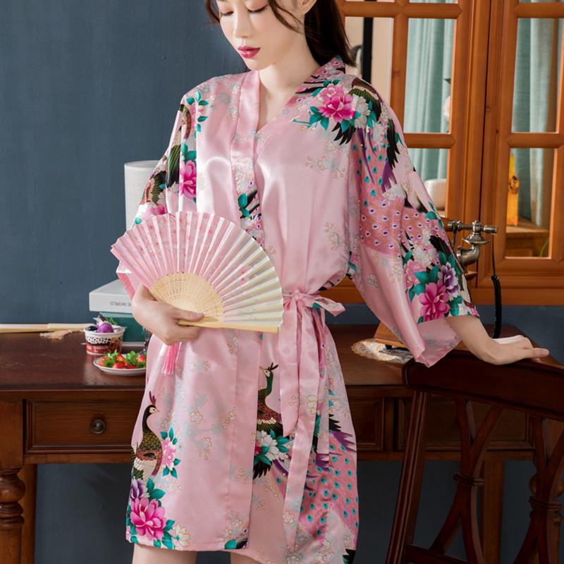 Women's Japanese-Style Satin Kimono Bathrobe with Peacock Design