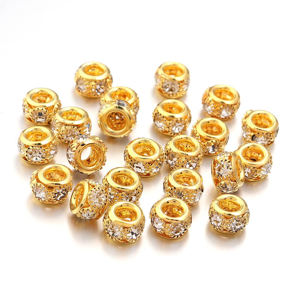 10pcs/lot Brass Rhinestone Metal Spacer Beads Big Hole Crystal Loose Beads For Jewelry Making DIY Necklace Bracelet Accessories