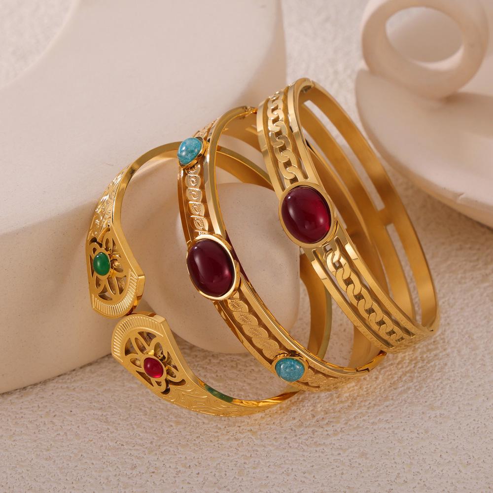Retro Gold-Plated Titanium Steel Bracelet with Inlaid Natural Stone and Hollow Design for Women