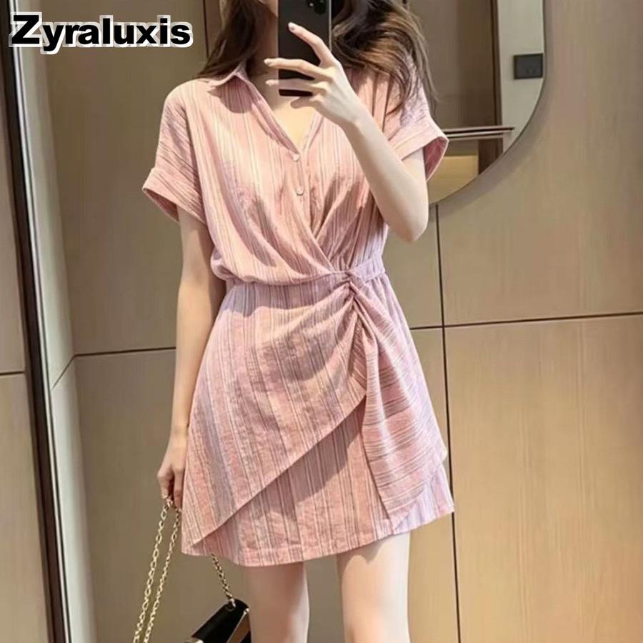 Plus Size 300lbs Summer New Design Ruffled Irregular Ruched Slimming Short Sleeve Dress for Women L розовый