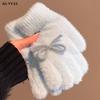 Plush Cute Butterfly Knot Knitted Gloves For Women In Winter, Anti Freeze Cycling Warmth Gloves Five-finger Gloves