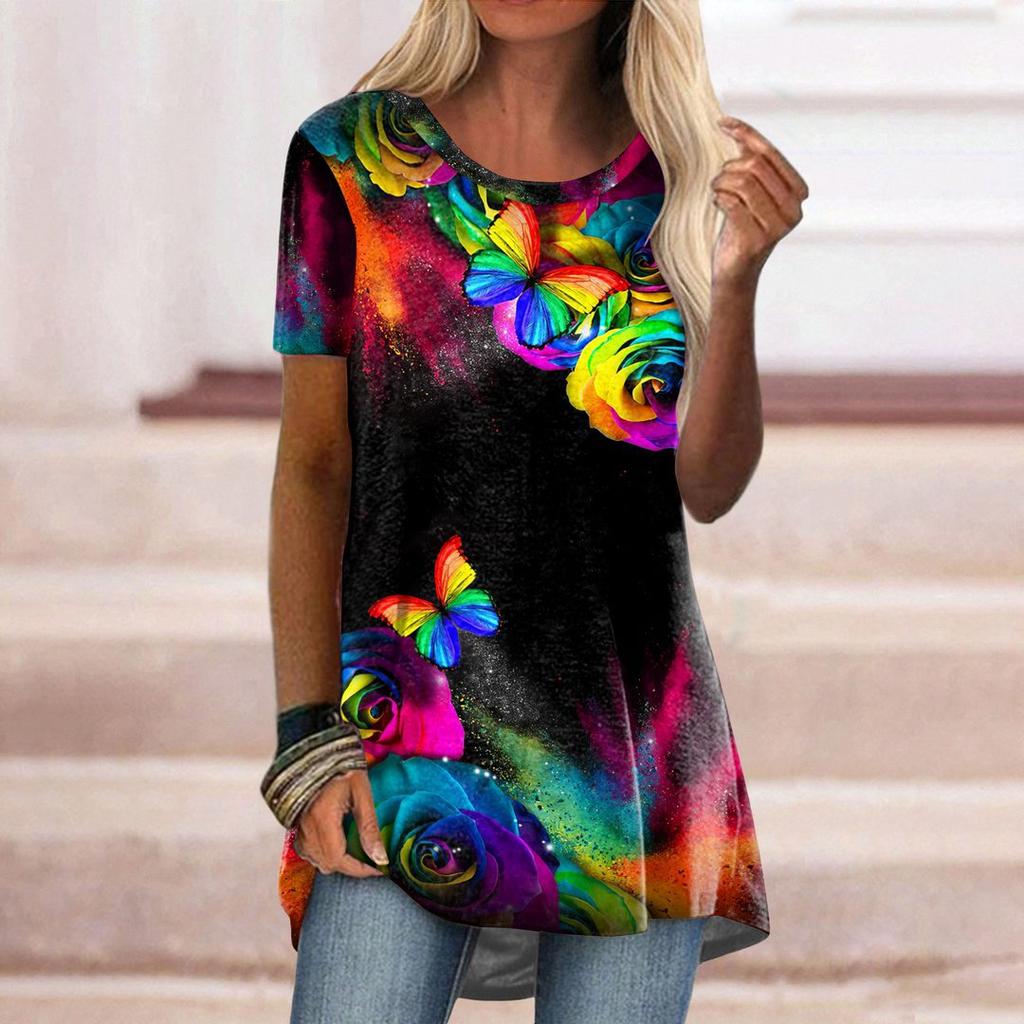 Women's Round Neck Short Sleeve Geometric Print Tunic Top Casual Asymmetrical Hem Blouse
